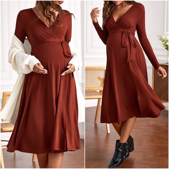Maternity Rust Ribbed Long Sleeve Minimalist Dress - Picture 3 of 6